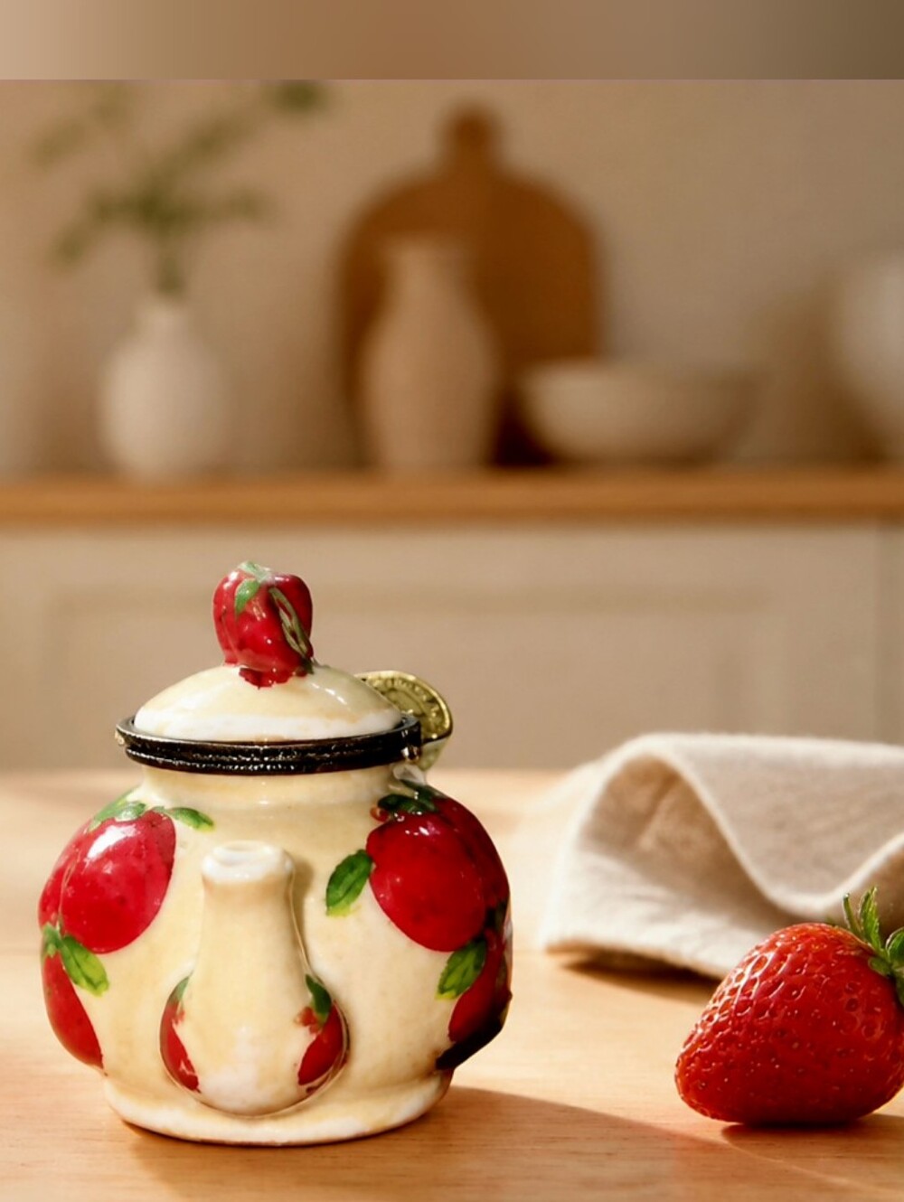Miniature Hand-Painted Apple Teapot Hinged Trinket Box